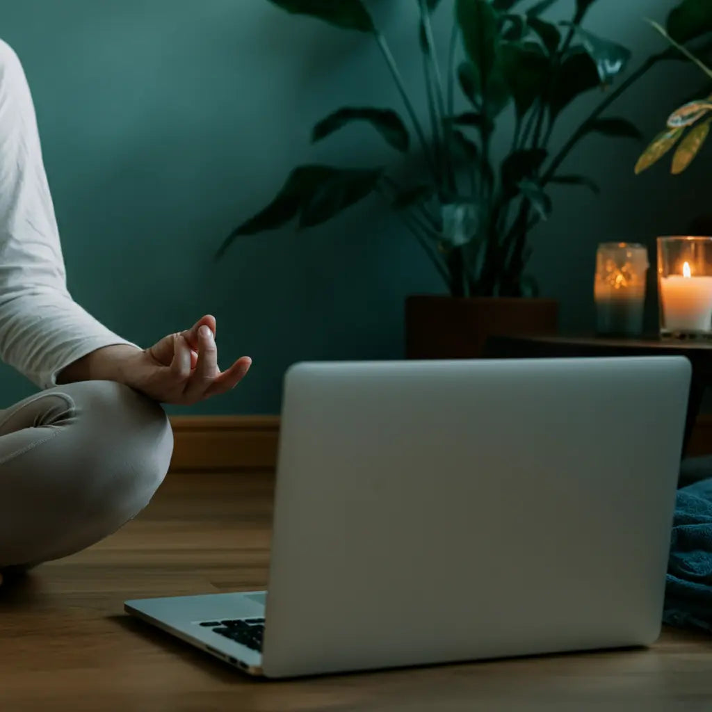 Person meditating in front of a laptop with candles and a plant in the background