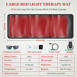 1440 LEDs Red Infrared Light Mat 660nm 850nm Near Infrared Light Device Yoga Large Pad 76"x 24"For Body Pain Relief Power 160W - Healari