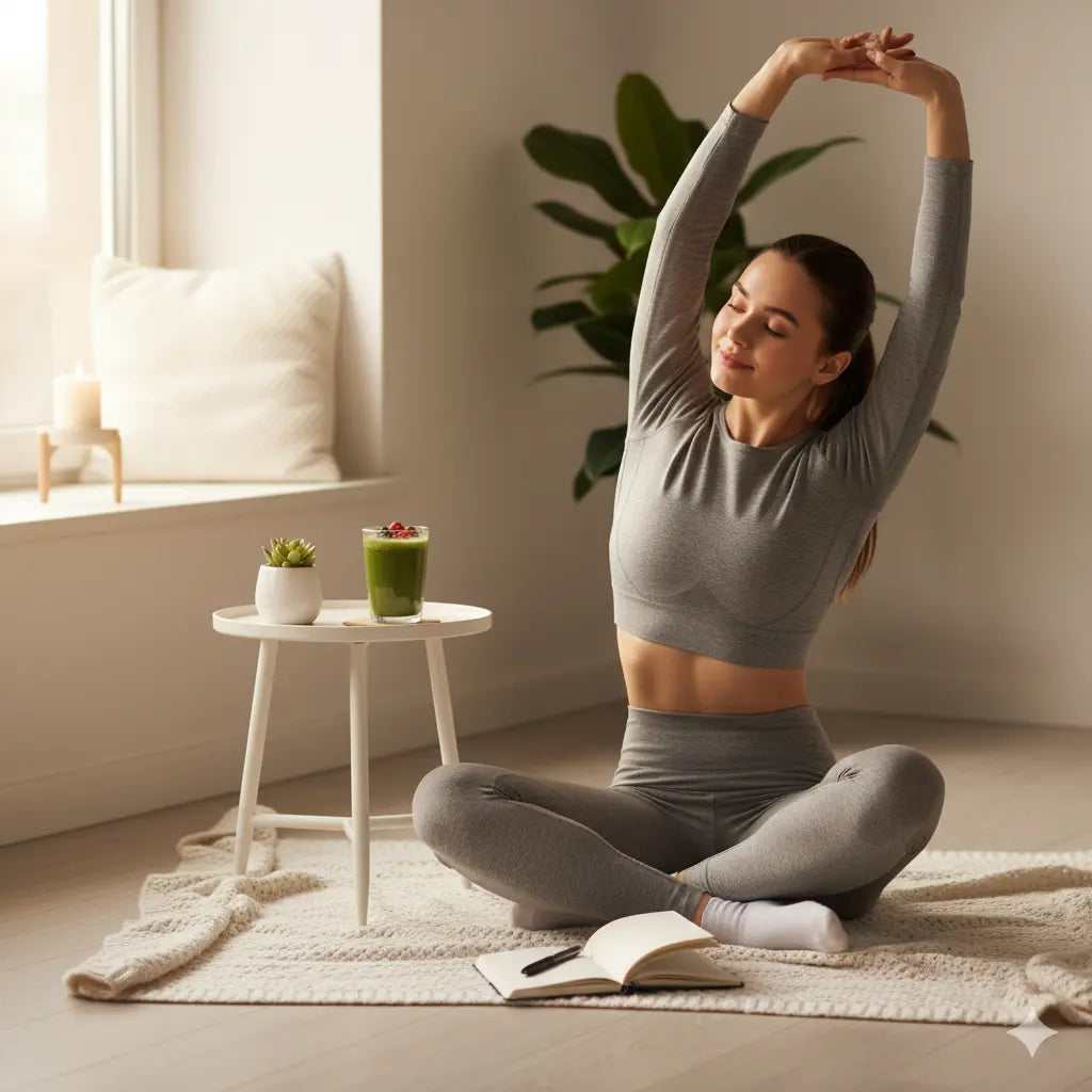 Woman in gray athletic wear stretching in a bright room with plants and a table.