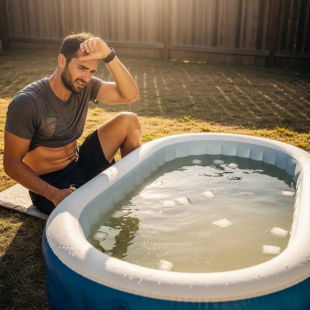 A man sitting by a small inflatable pool in a backyard with dirty water after a workout