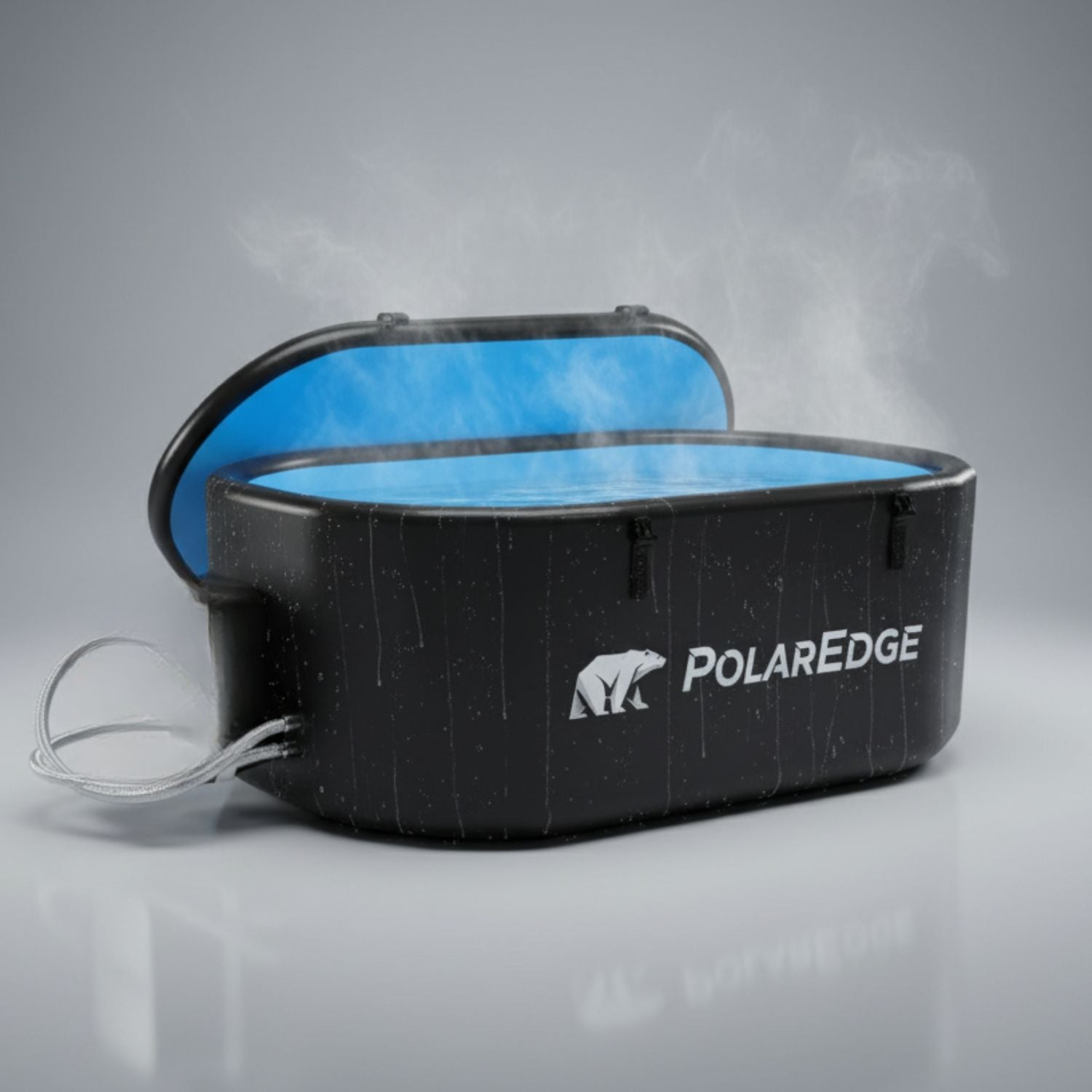 Black and blue PolarEdge oval inflatable cold plunge tub from Healari.