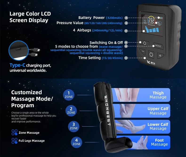 Massage device with large color LCD screen display and various massage modes on a dark background