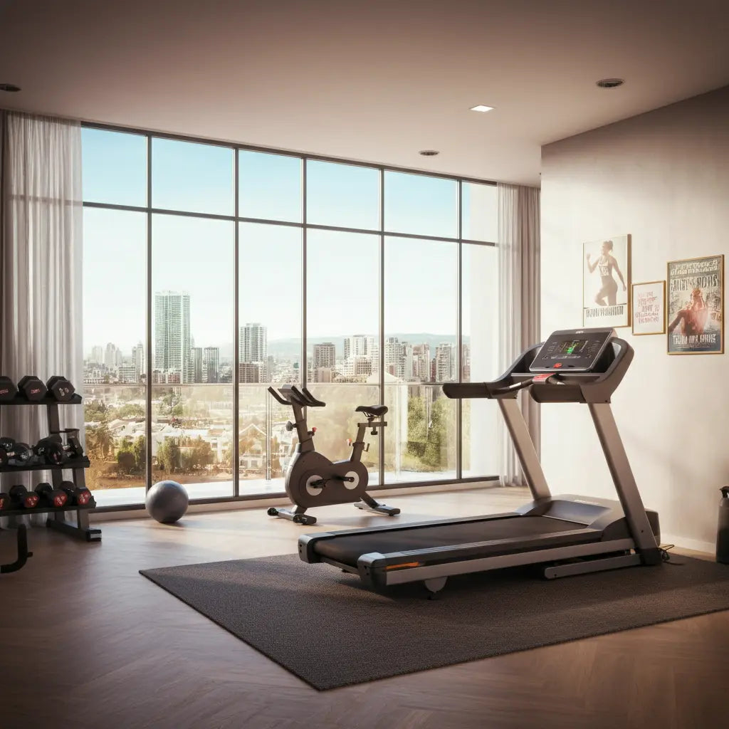 Modern home gym with treadmill, stationary bike, and weights in a room with large windows overlooking a cityscape.