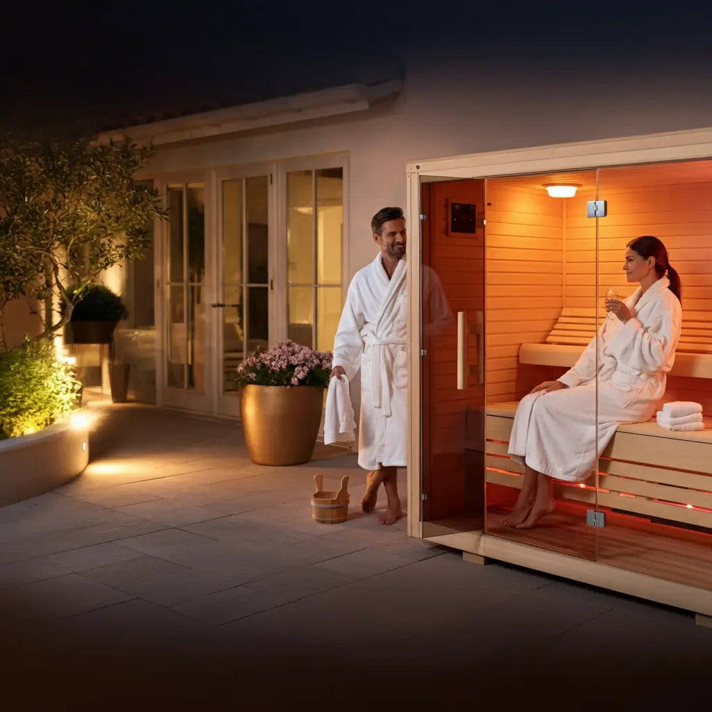 Two people in white robes entering a wooden sauna.
