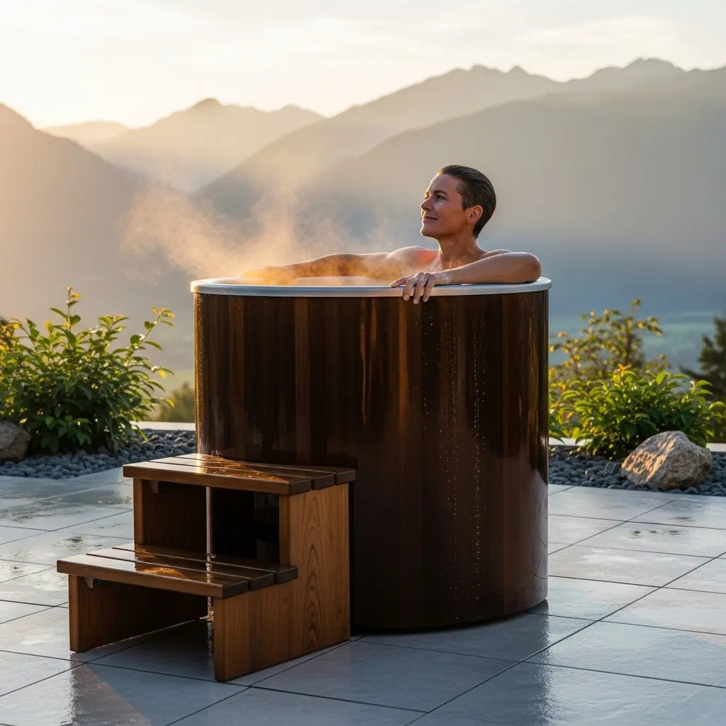 Person relaxing in a wooden hot tub with mountains in the background