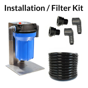Installation filter kit with blue filter, black hose, and connectors on a white background