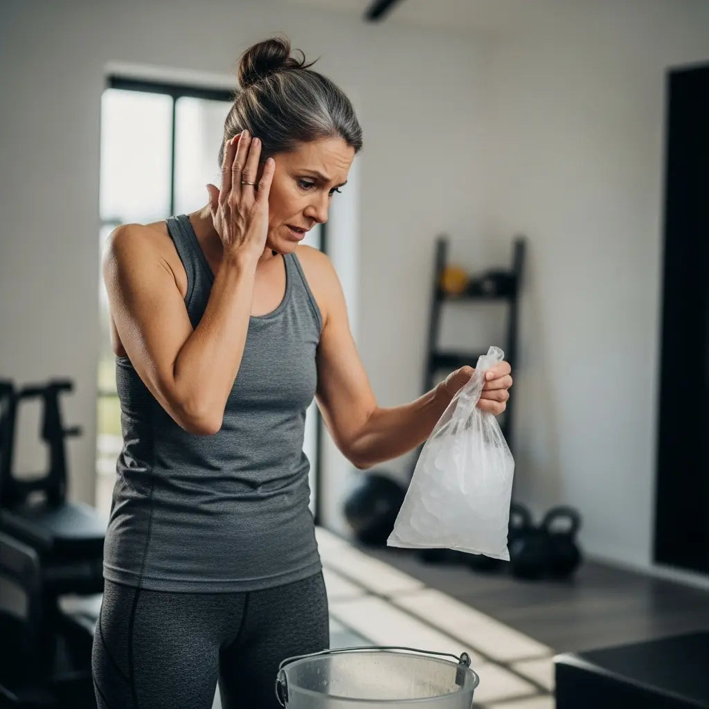 Woman in a gym holding a white bag and a clear container, looking stressed.