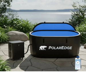 PolarEdge inflatable hot tub on a patio with a lake view