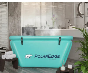 Turquoise cooler with PolarEdge logo in a bathroom setting