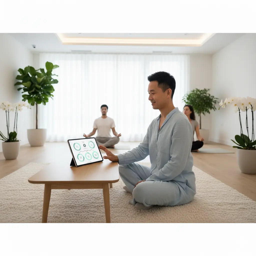 Man using a tablet in a yoga studio with other people practicing yoga in the background.