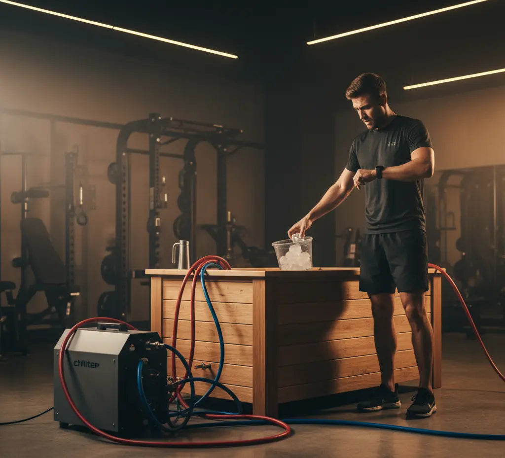 Frustrated athlete struggles with messy cold plunge setup; integrated PolarEdge system glows in background, showing effortless recovery.
