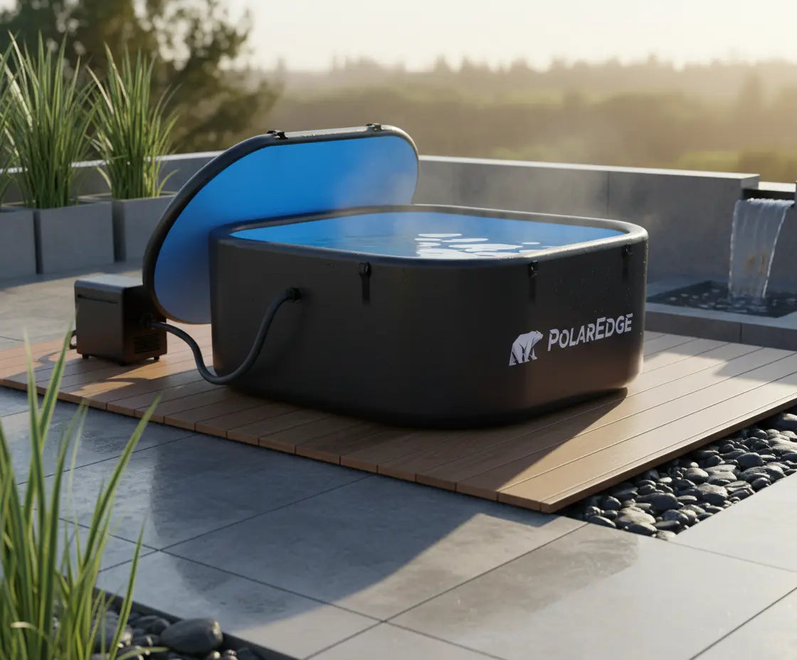 Portable hot tub with blue interior on a patio - Healari