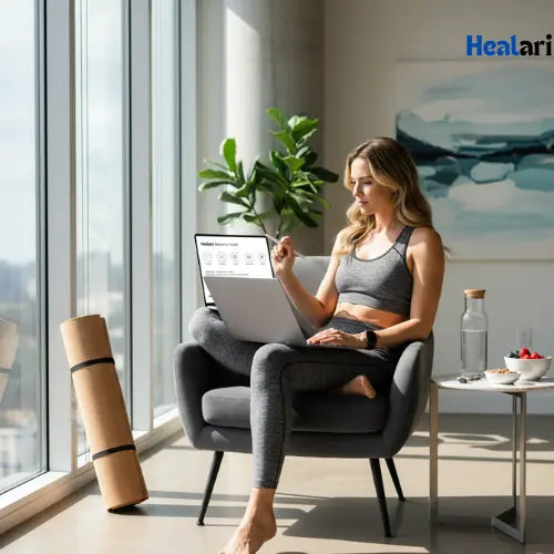 High-performing adult using Healari Recovery Toolkit in a modern lifestyle setting, blending focus and calm recovery.