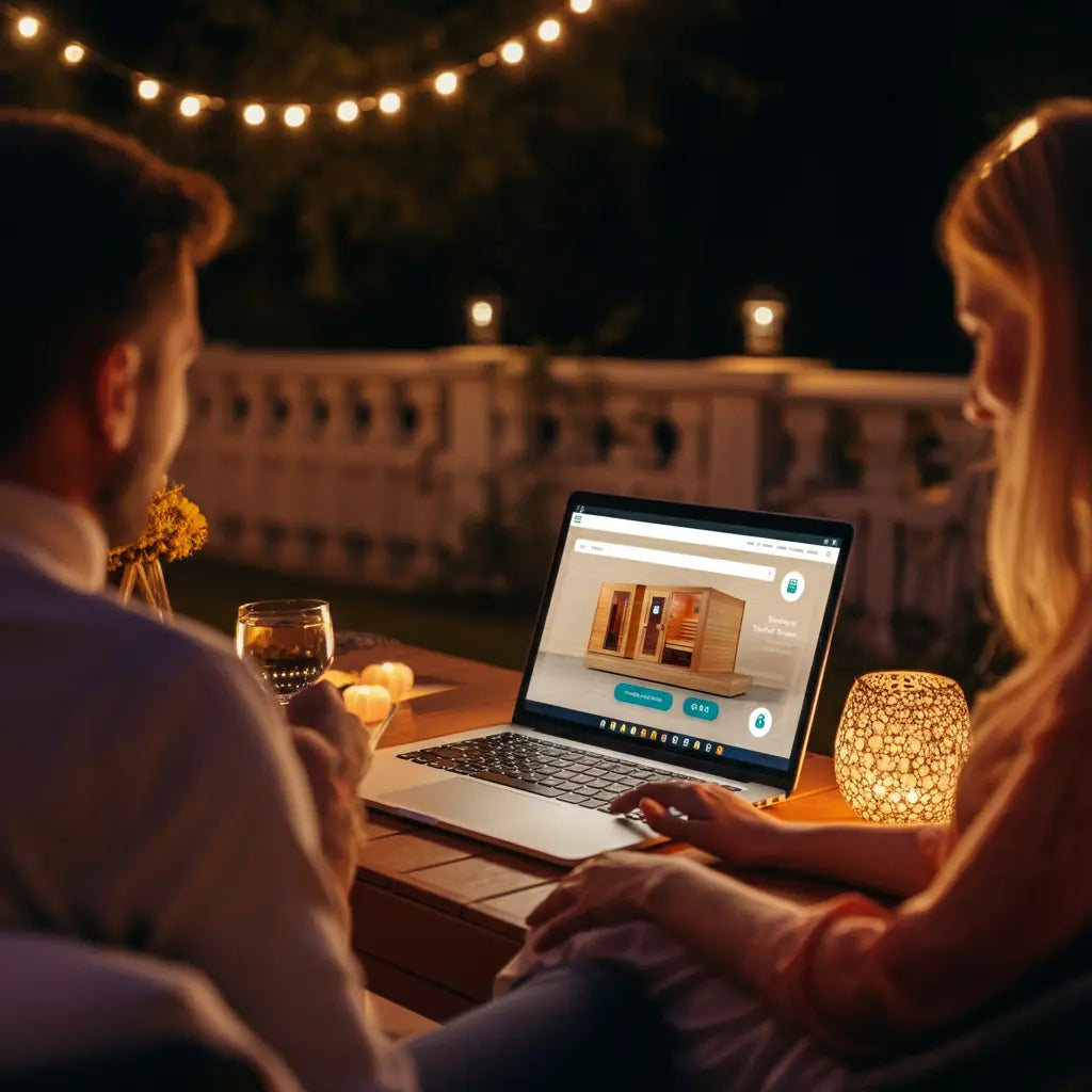 A relaxed couple enjoying a luxury lifestyle while peacefully shopping online for premium health and wellness products.