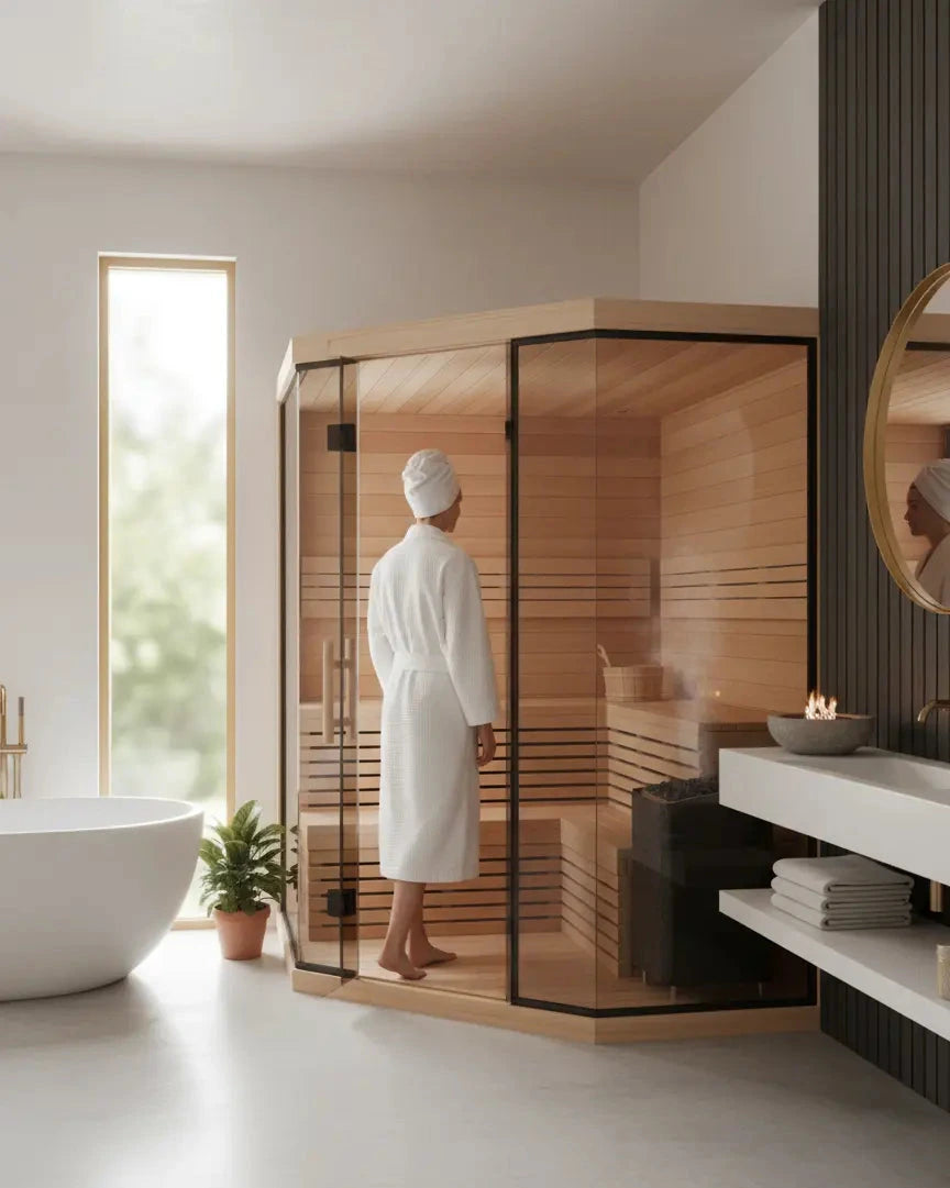 Person in a white robe standing in a modern sauna room with a large window and bathroom setup.