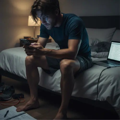 Exhausted professional sitting on bed at night, physically tired but mentally alert, surrounded by workout gear and tasks.